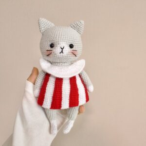 Cute Cat Stuffed Animal Hand Knitted in Gray 23 cm