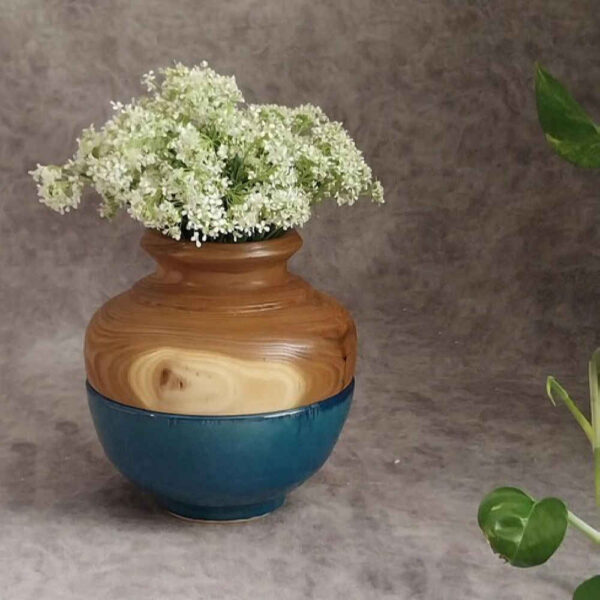 Decorative Wooden Vases Handcrafted with Natural and Solid Wood and Pottery Design