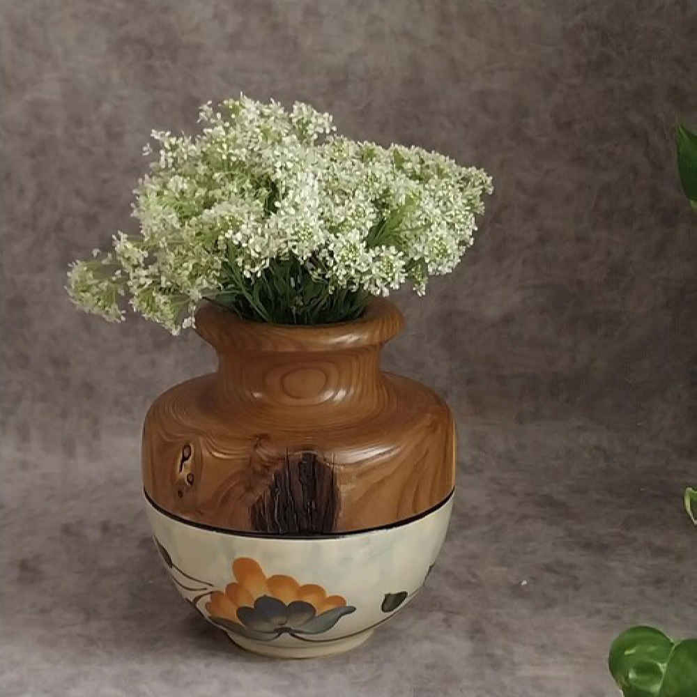 Decorative Wooden Vases Handcrafted with Natural and Solid Wood and Floral Design