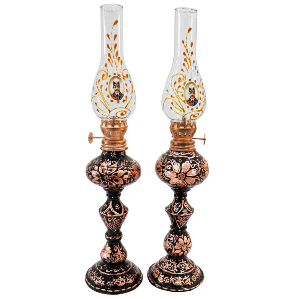 Hand-Engraved Persian Copper Oil Lamp with Shah Abbasi Design (2x)
