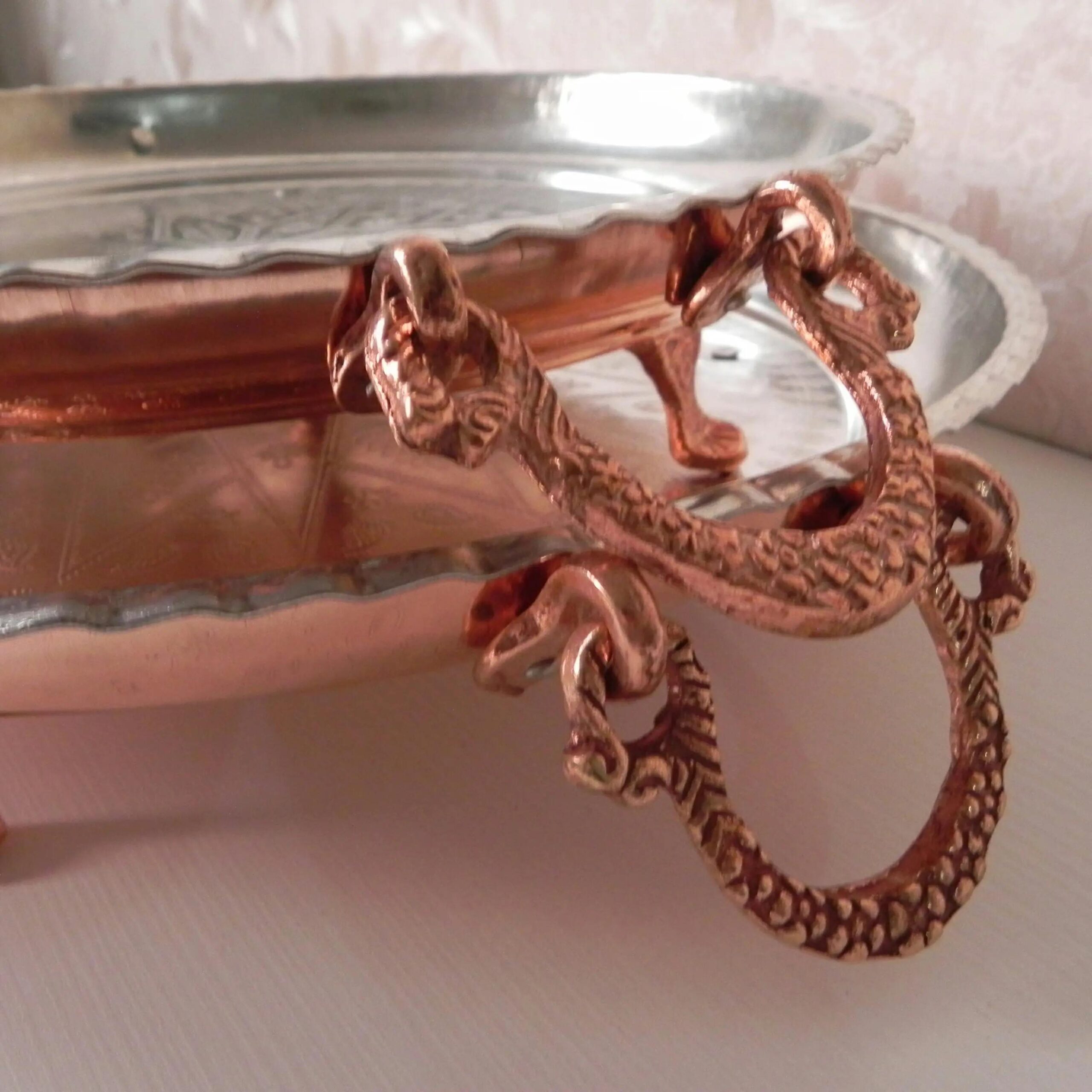 Persian Copper Serving Platter Hammered Footed