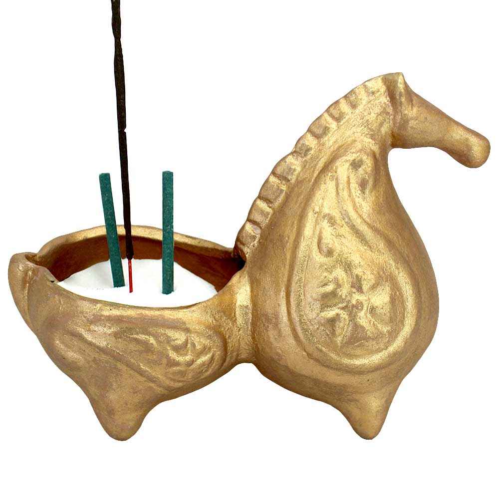 Handcrafted Golden Pottery Incense Sculpture – Horse Design