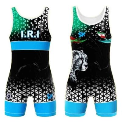 Iranian Men’s Sleeveless Wrestling Singlet Model Blue Leopard