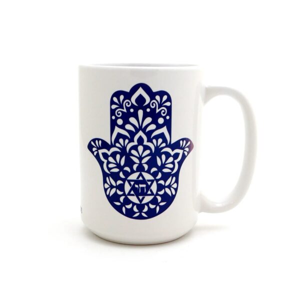 Islamic Ceramic Coffee Mug - Navy Blue Hamsa Hand of Fatima Pattern