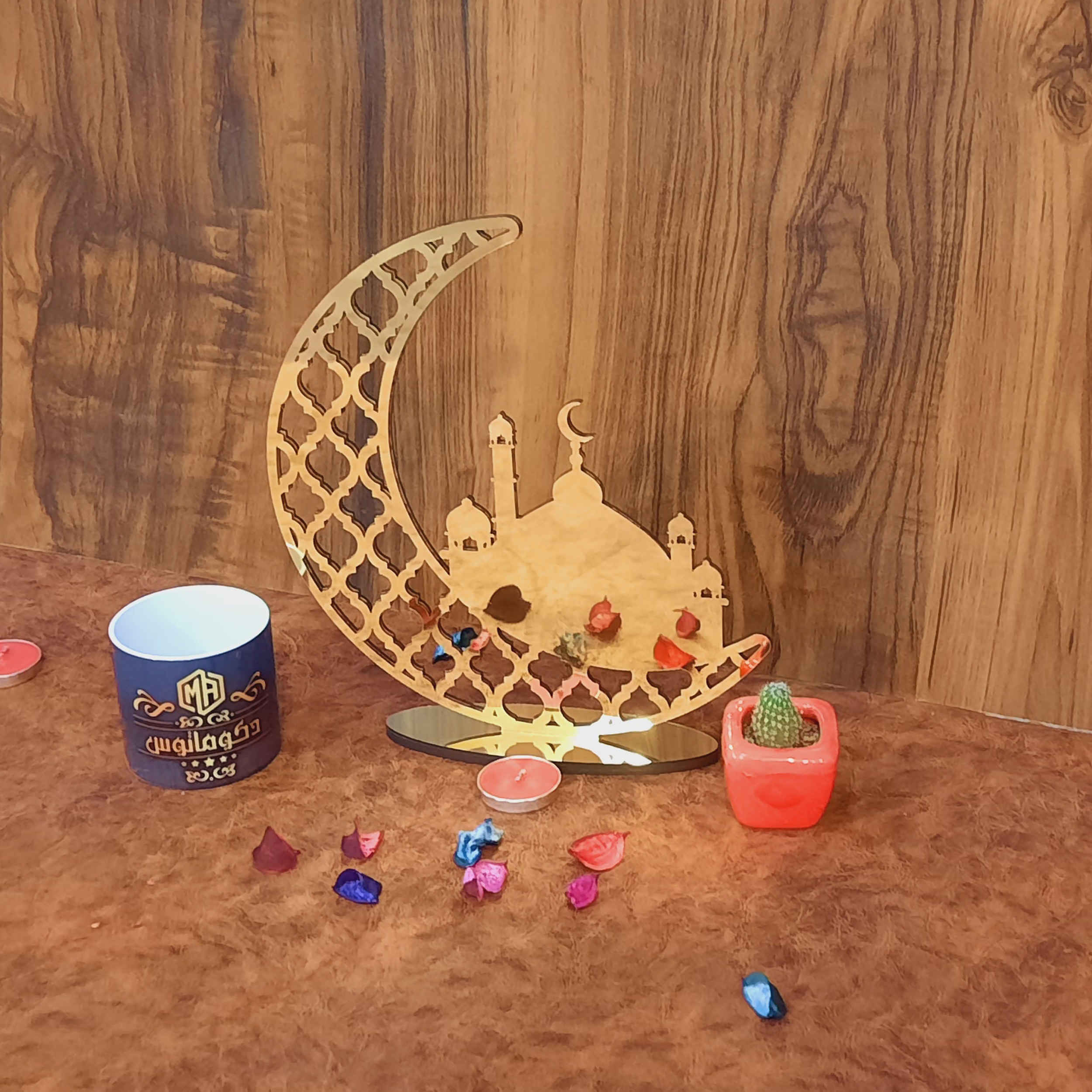 Islamic Acrylic Table Top Candle Holder with Ramadan & Crescent Moon Design