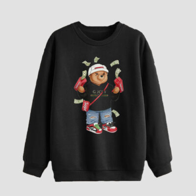Men’s Crewneck Sweatshirt Cotton Black Teddy Bear
