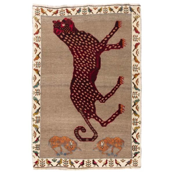 Original Persian Gabbeh Wool Rug Handwoven with Animal Motifs Leopard