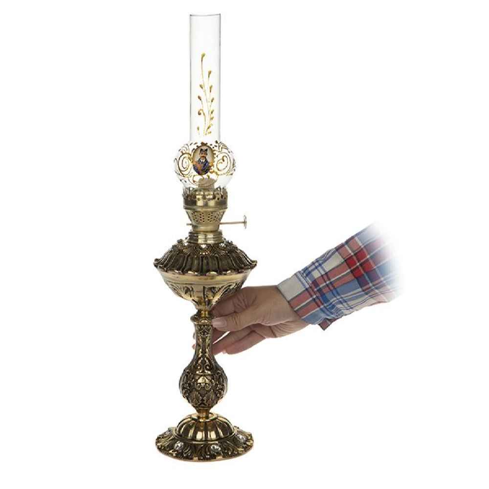 Persian Kerosene Oil Lamp with Brass Base in Shah Abbasi Design