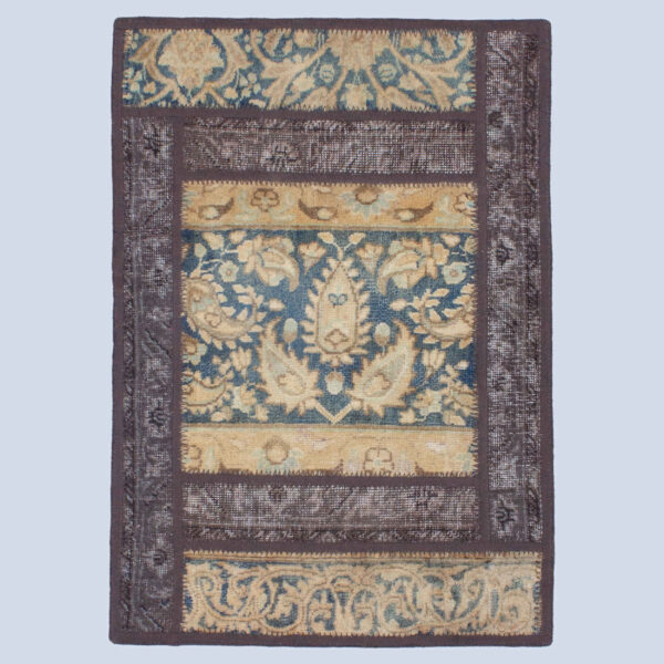 Vintage Persian Hand-Knotted Patchwork Carpet Geometric Cream