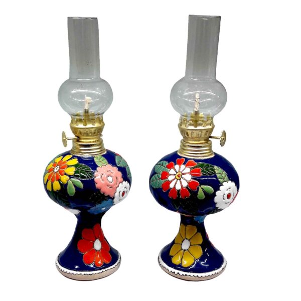 Persian Pottery Kerosene Oil Lamp with Floral Enameling Artistry