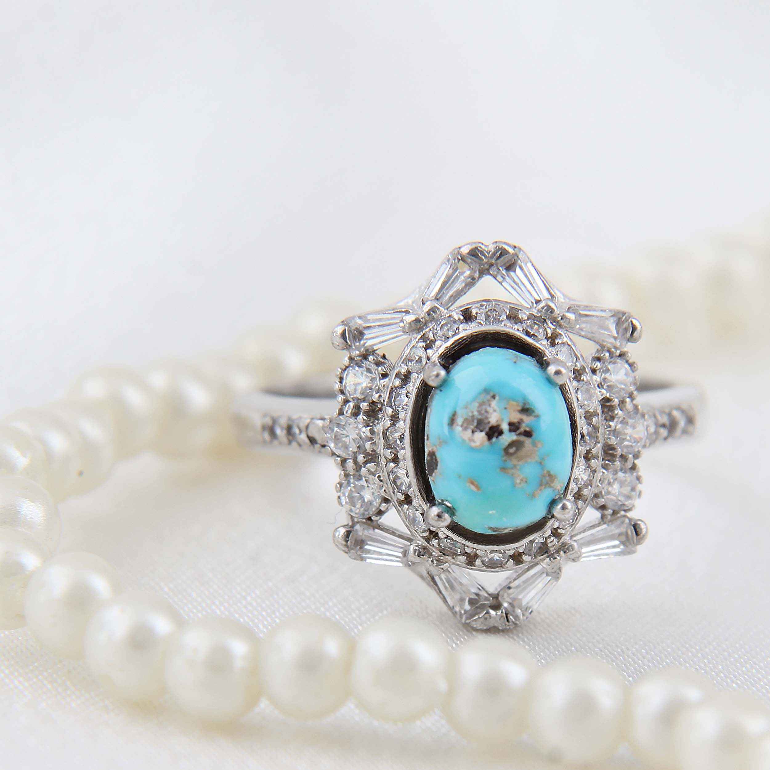 Persian Neyshabur Turquoise Silver Ring Handcrafted Rhodium Plated