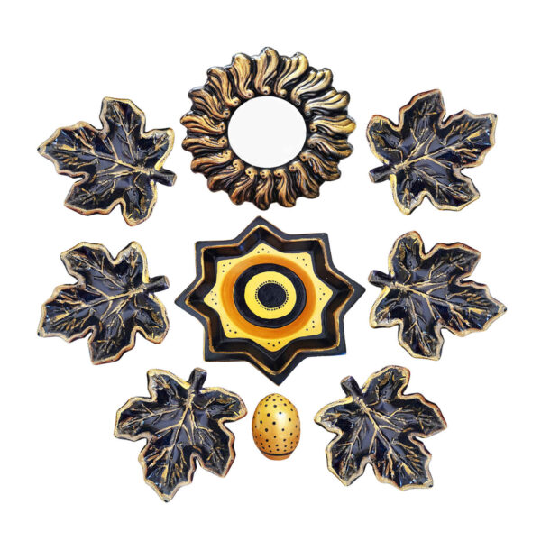 Pottery Haft-seen Set Dishes Leaf Design with Mirror for Nowruz