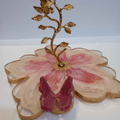 Resin Serving Platter with Brass Leaf Base & 3D Butterfly