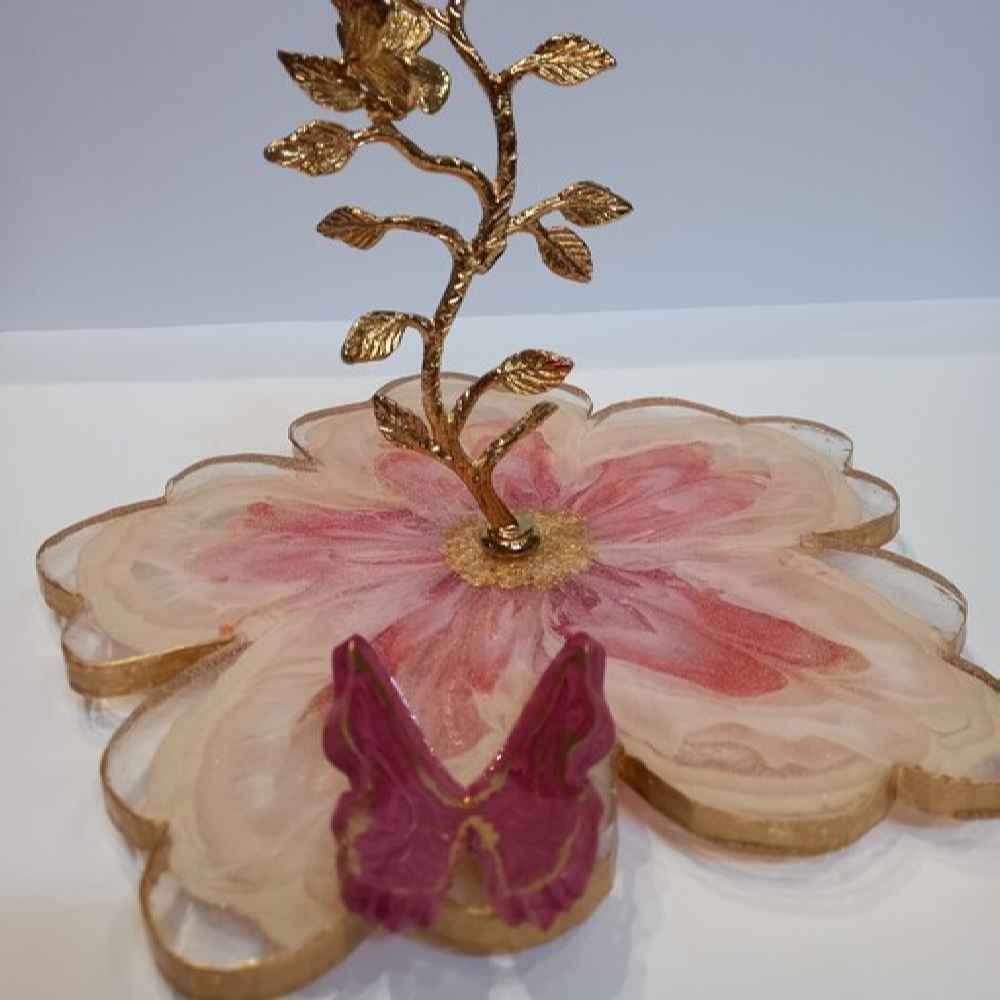 Resin Serving Platter with Brass Leaf Base & 3D Butterfly