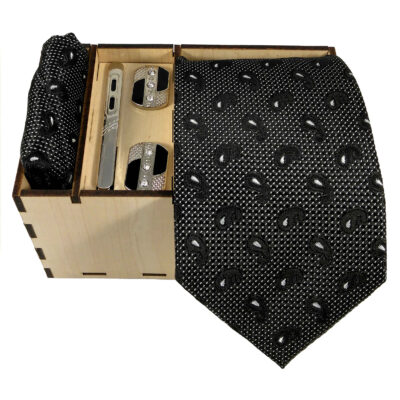 Men’s Tie, Handkerchief & Cufflinks Neckwear Set – Luxurious Black