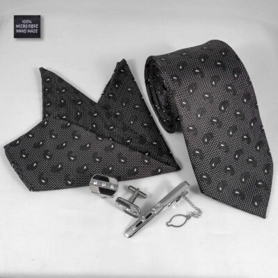 Men’s Tie, Handkerchief & Cufflinks Neckwear Set – Luxurious Black