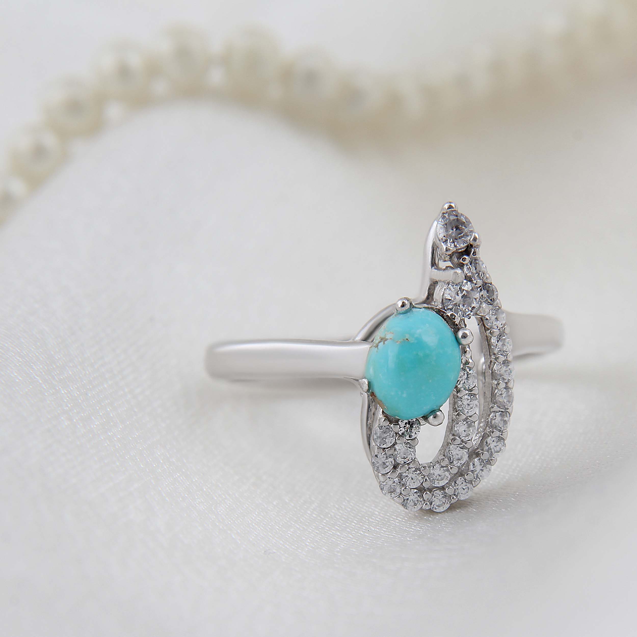 Persian Neyshabur Turquoise Silver Ring with Rhodium Plated for Women