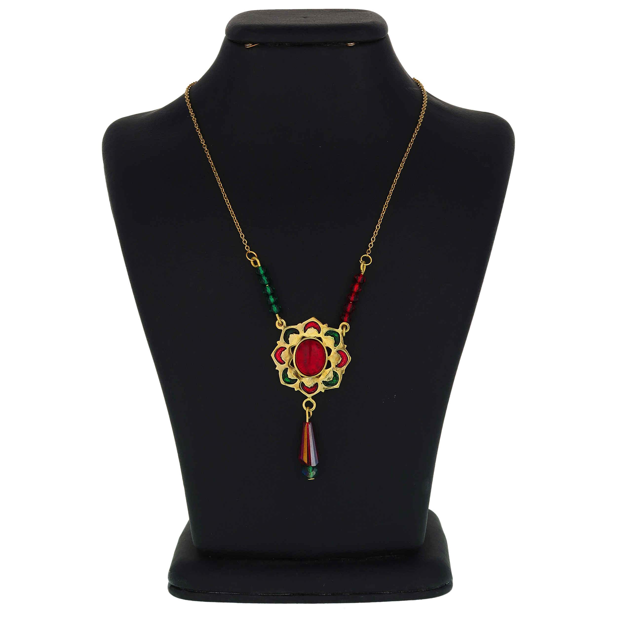 Brass Necklace Persian Traditional Theme for Women with Red and Green Agate