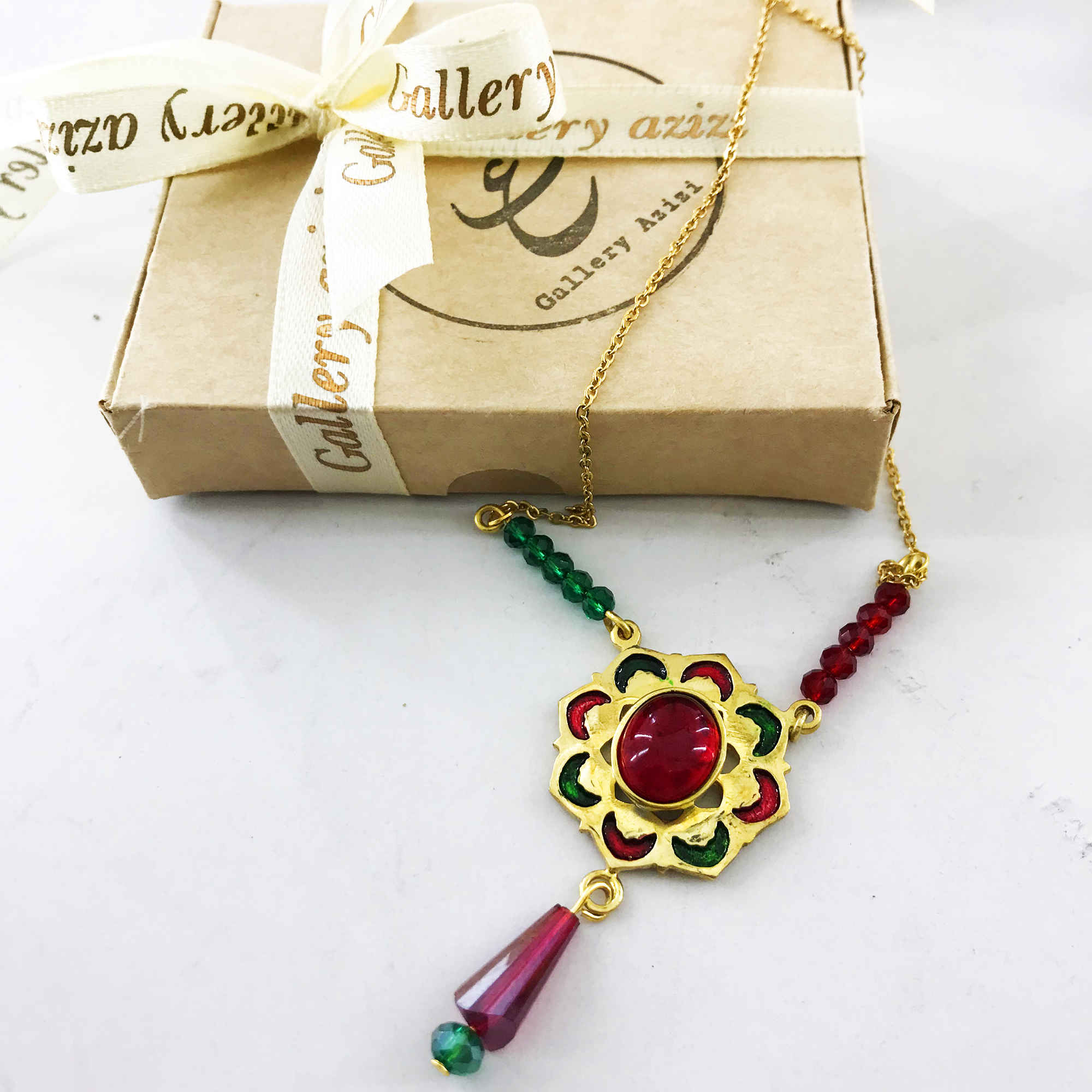 Brass Necklace Persian Traditional Theme for Women with Red and Green Agate