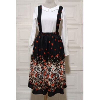 Women’s Skirt with Suspenders Floral Design Black