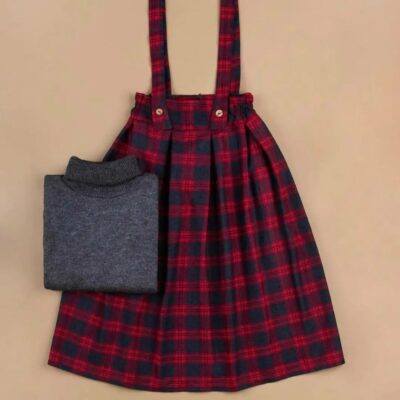 Women’s Skirt with Suspenders Outfit Featuring Checkered Design