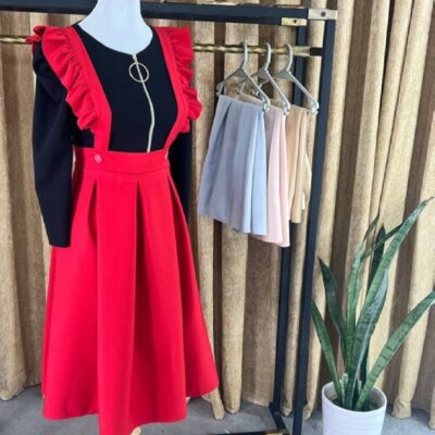 Women’s Skirt with Suspenders in Crepe Maserati Red