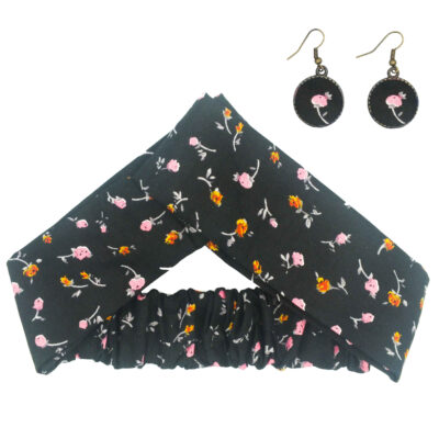 Women’s Twisted Cross Headband & Earrings Set Black with Flowers