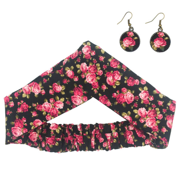 Women's Twisted Cross Headband & Earrings Set Floral Black
