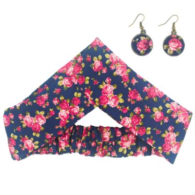 Women’s Twisted Cross Headband & Earrings Set Floral Navy Blue