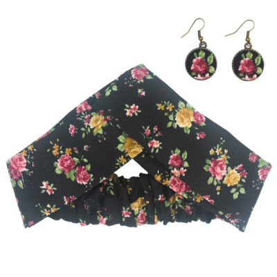 Women’s Twisted Headband & Earrings Set Black with Flowers