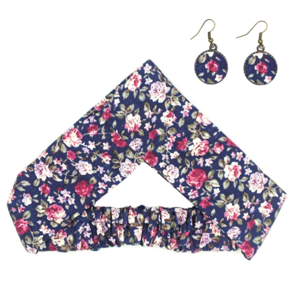 Women's Twisted Headband & Earrings Set Floral Navy Blue with Pink Flowers