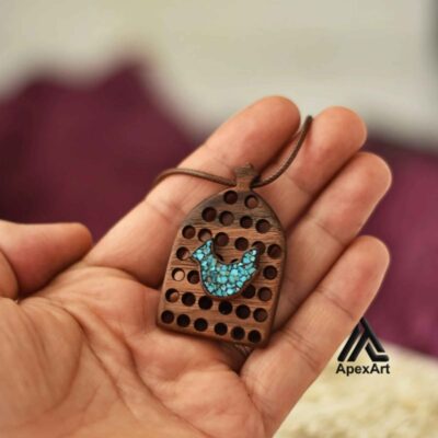 Carved Wood Pendant with Turquoise Gemstone Handcrafted Artistic Amin Bird