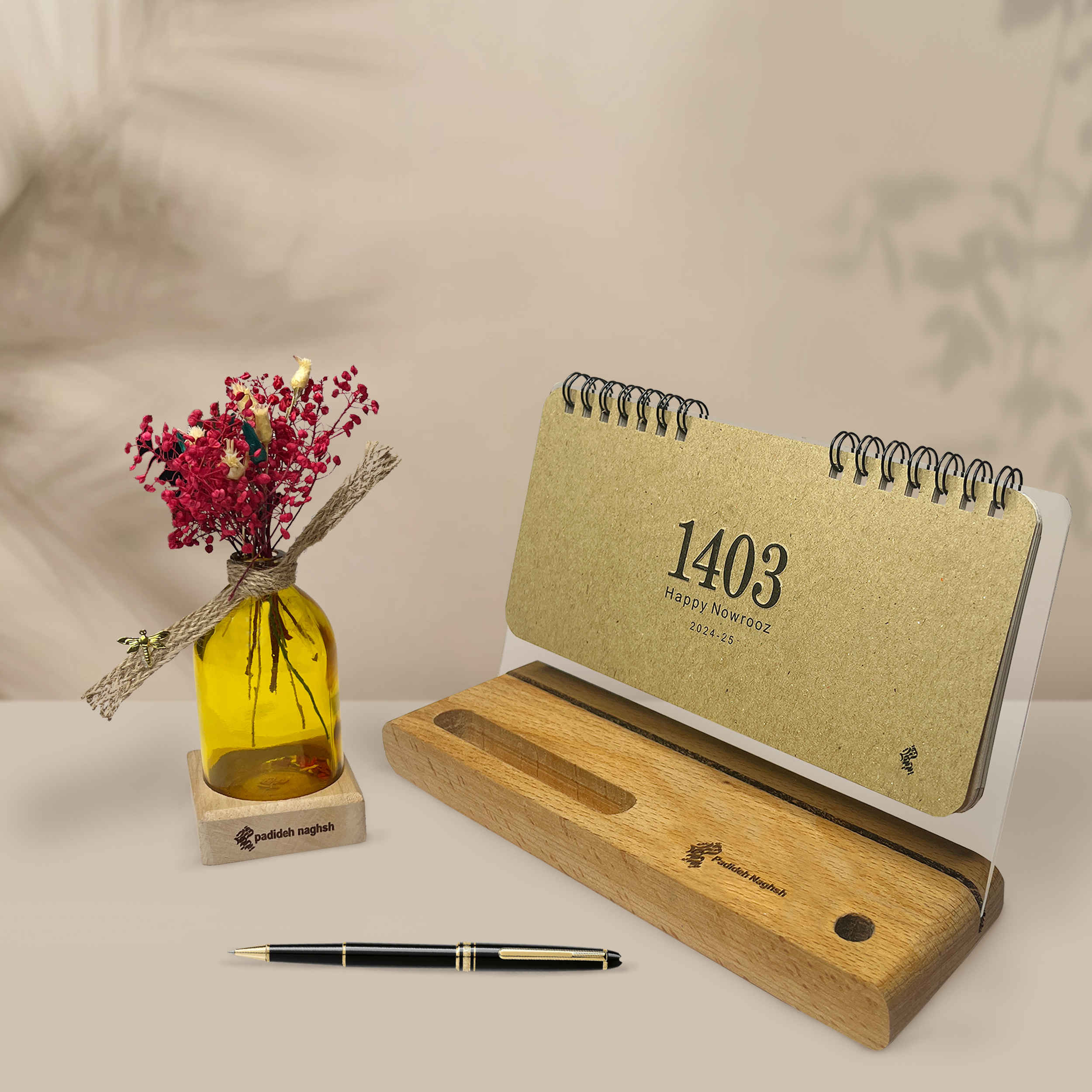 1403 Persian Desk Calendar Wooden with Mobile Phone Holder