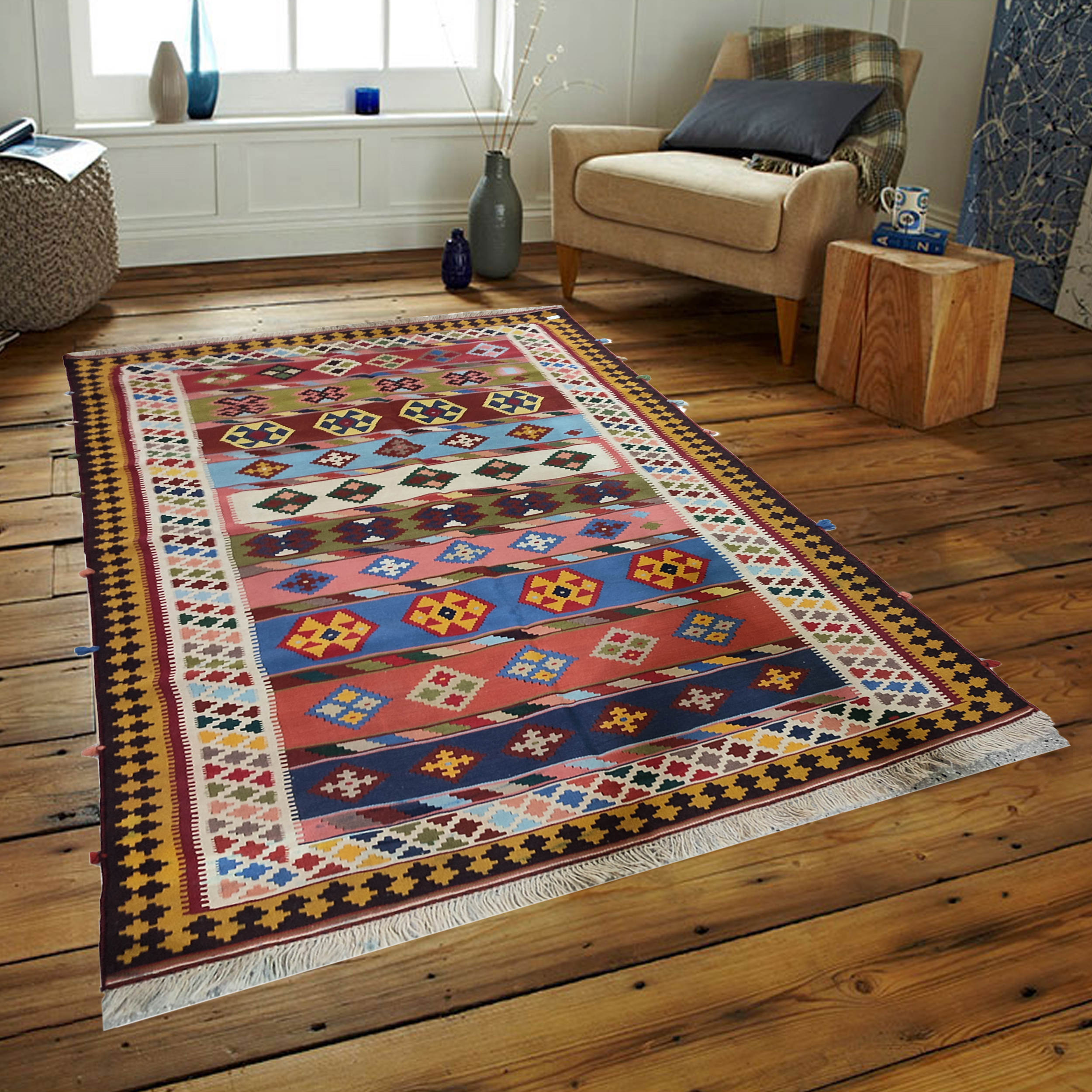 Authentic Persian Wool Kilim Rug Handwoven in Shiraz Qashqai