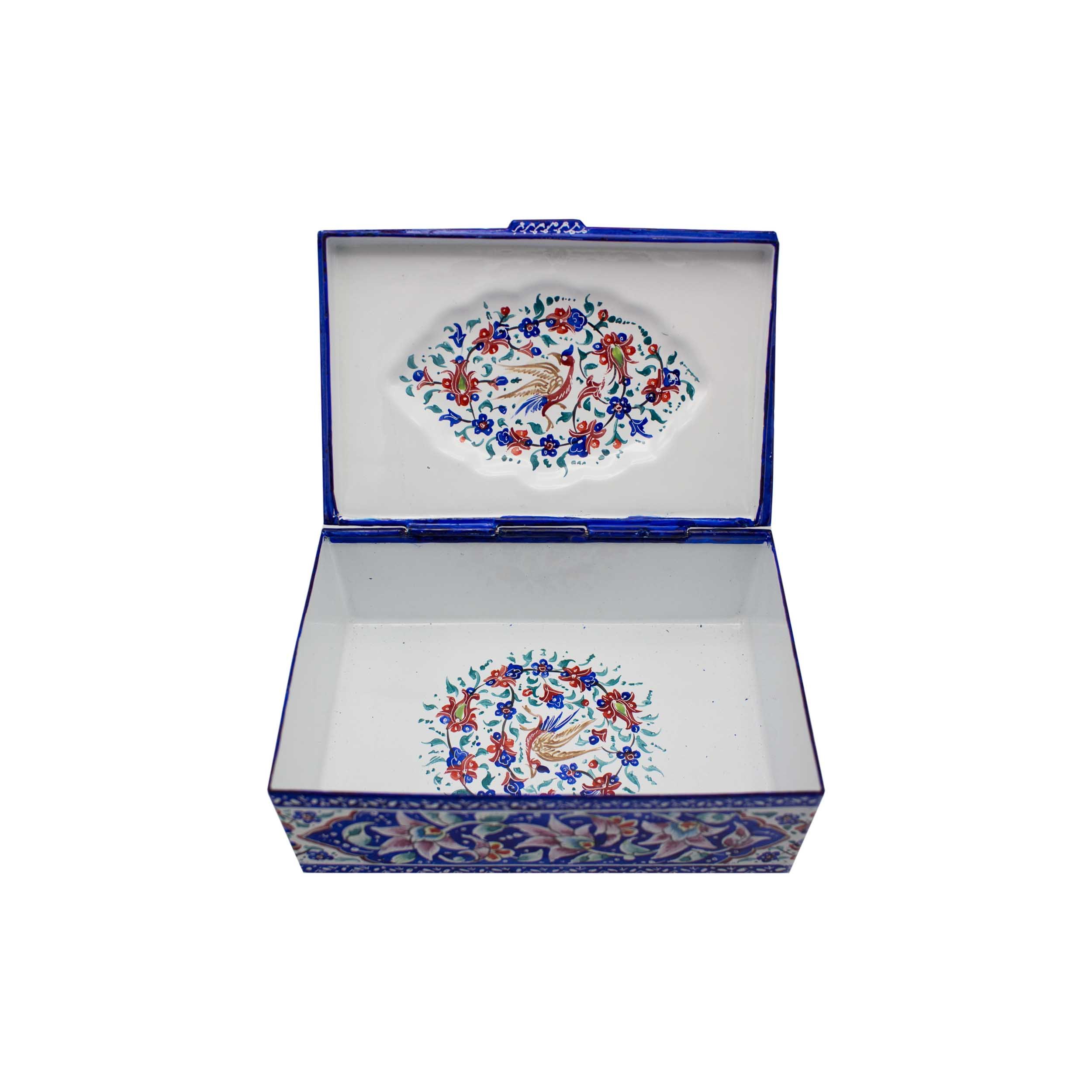 Copper Jewelry Box Hand-Painted with Persian Minakari Enamel Blue