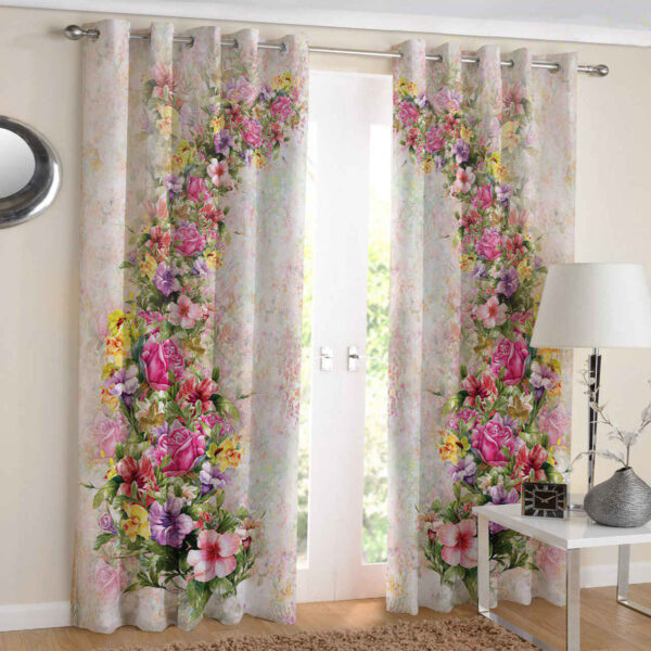 Printed Velvet Eyelet Curtain – Floral Cream (290x140 cm)