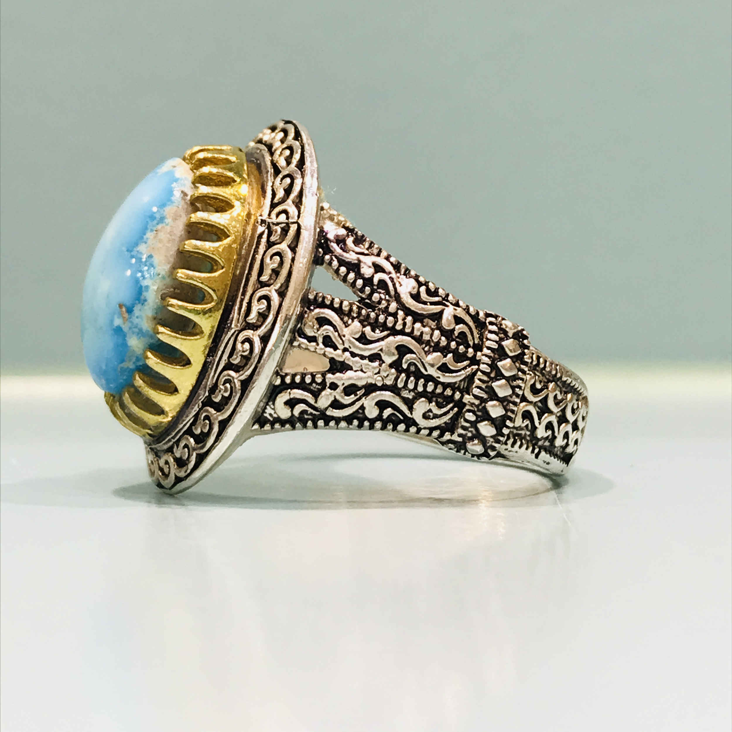 Persian Neyshabur Turquoise Silver Ring Handcrafted for Men Engraved