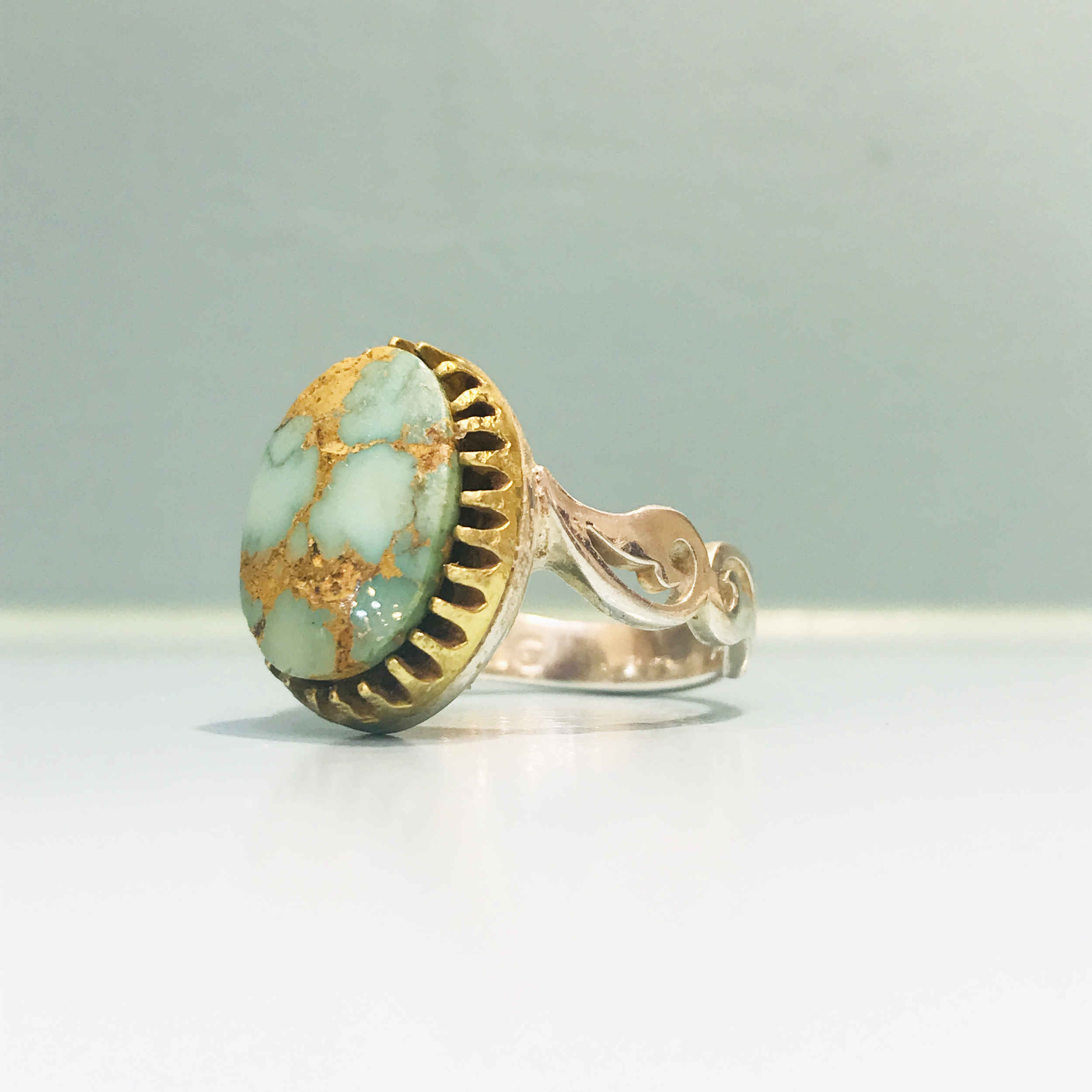 Persian Silver Ring for Men Paisley Design with Natural Neyshabur Turquoise