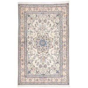 Original Persian Silk Carpet Hand-Knotted in Tabas Floral Medallion Cream