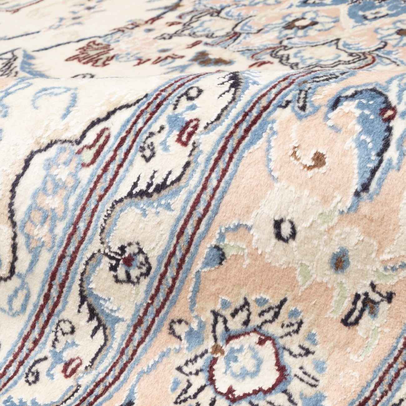 Original Persian Silk Carpet Hand-Knotted in Tabas Floral Medallion Cream