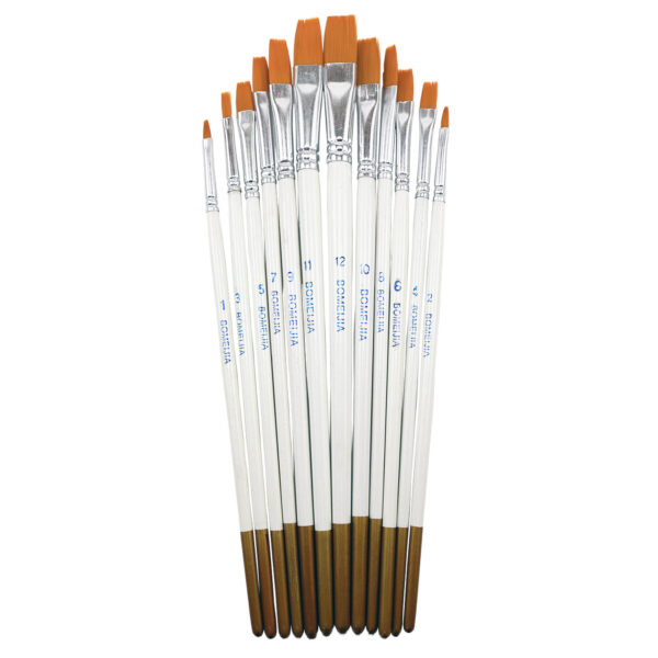 12-Piece Flat Bristle Paint Brush Set for Watercolor, Acrylic, & Gouache