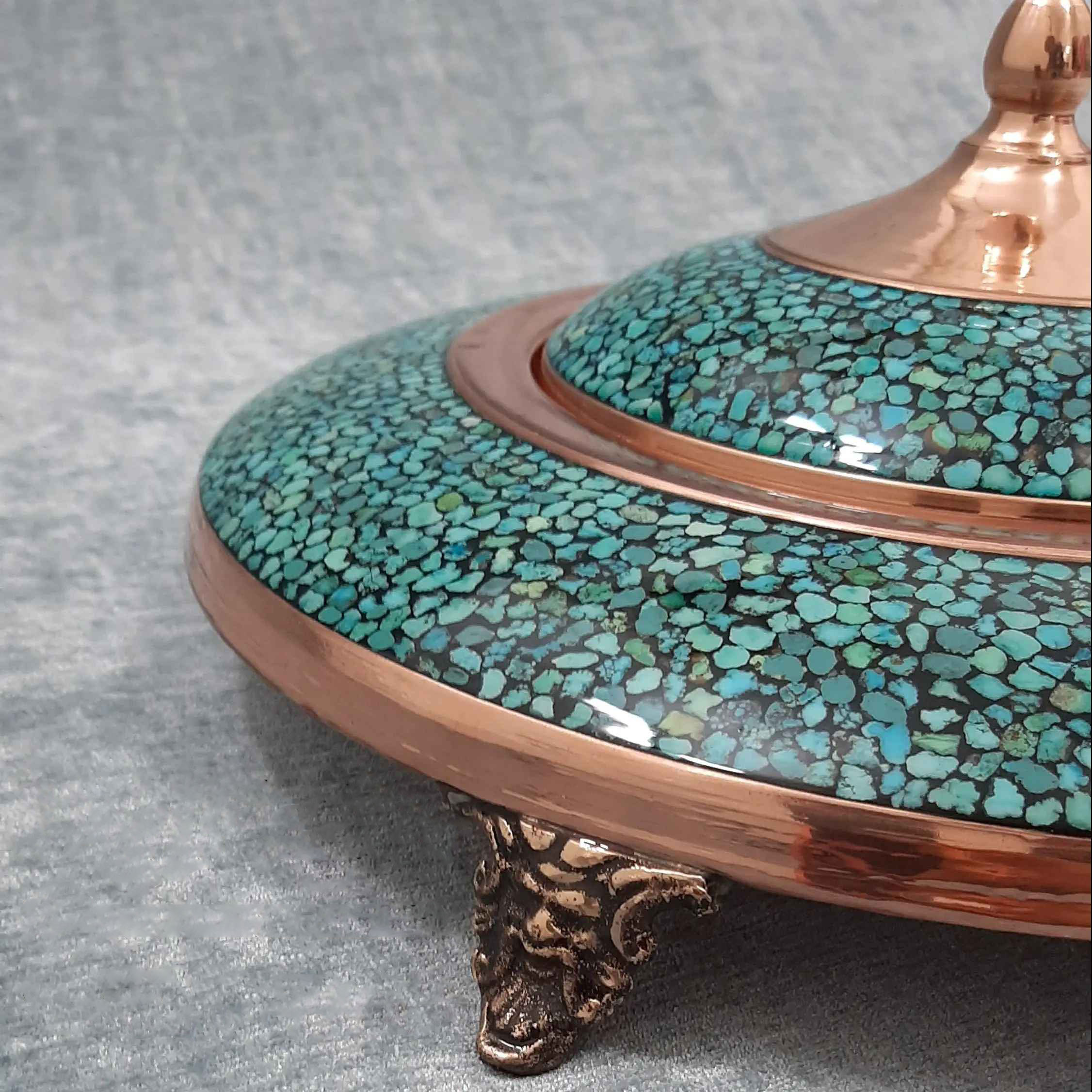 Persian Caviar Server Turquoise Inlay with Copper Footed Style