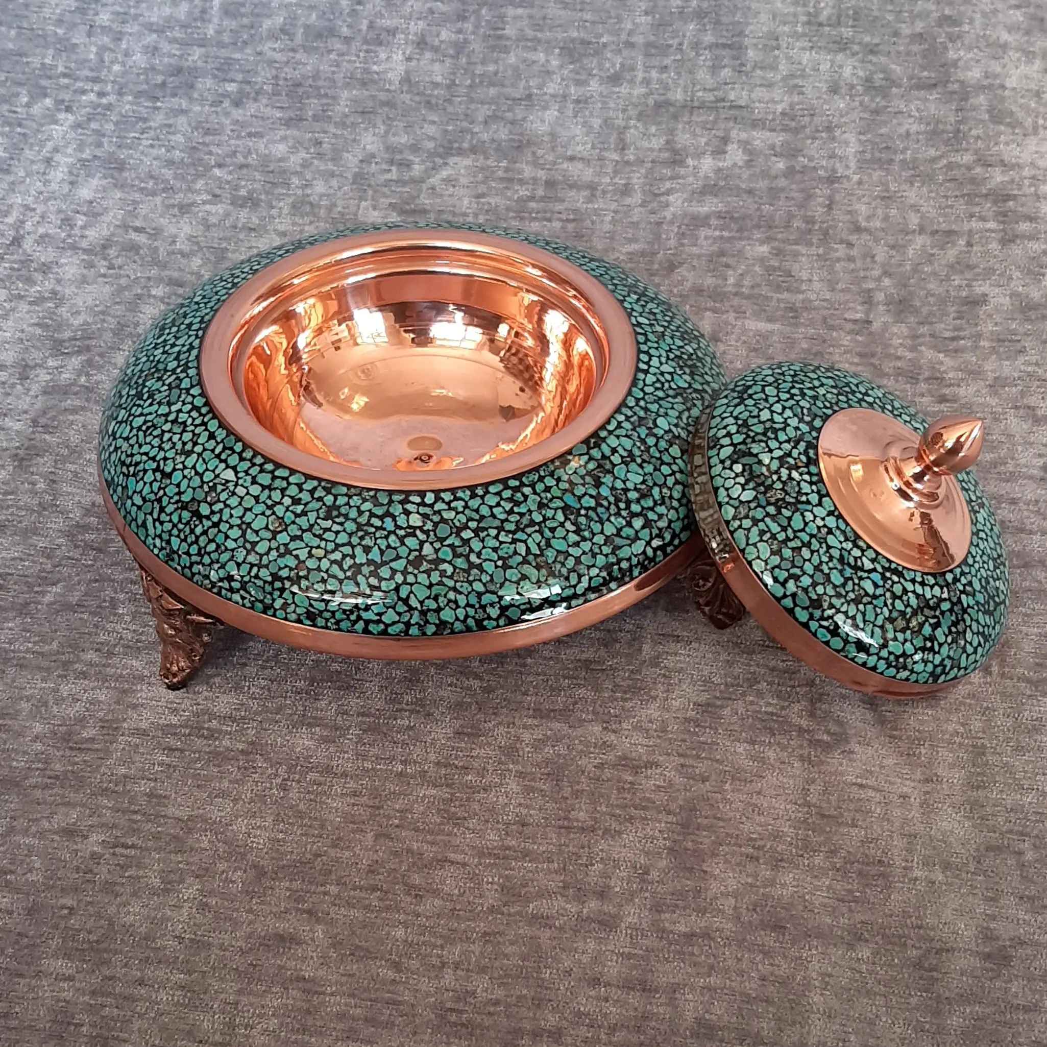 Persian Caviar Server with Turquoise Inlay and Footed Elegance