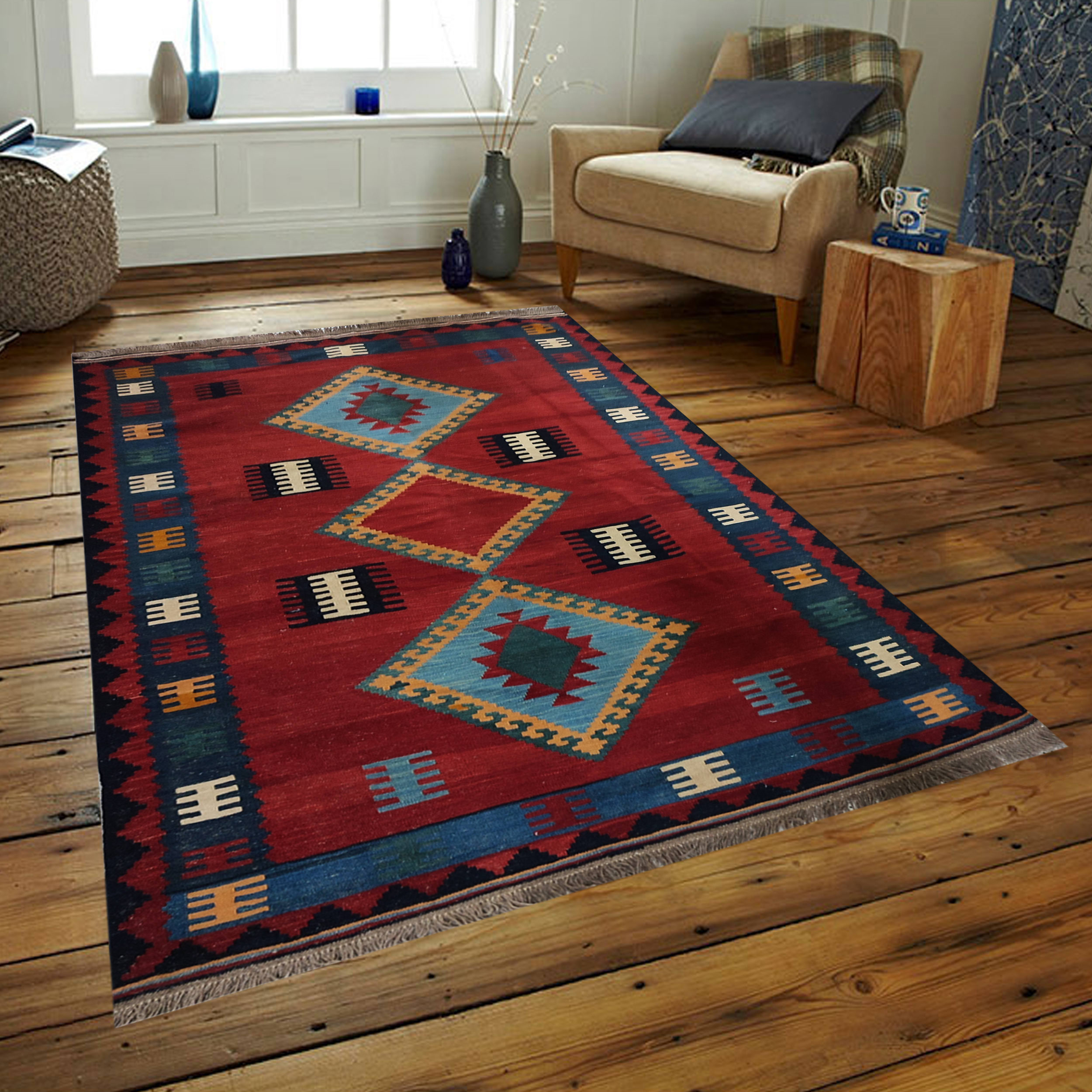 Persian Wool Kilim Rug Handwoven in Shiraz Soumak Red