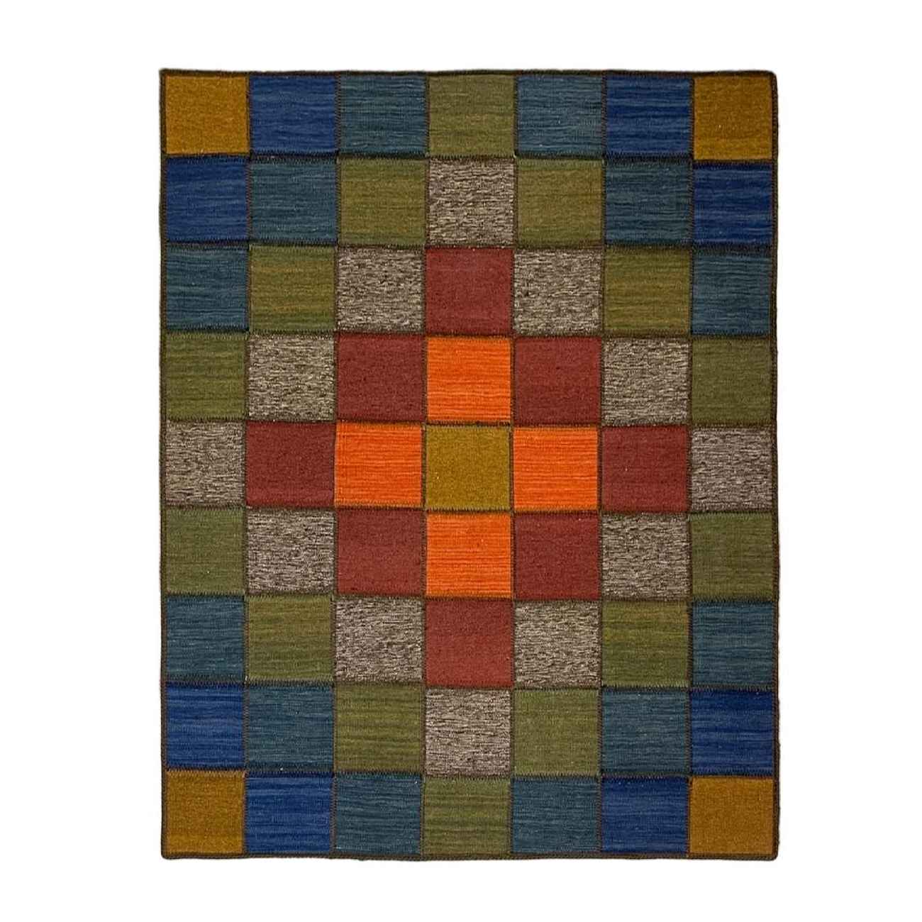 Persian Wool Kilim Rug Genuine Handwoven Checkered Red