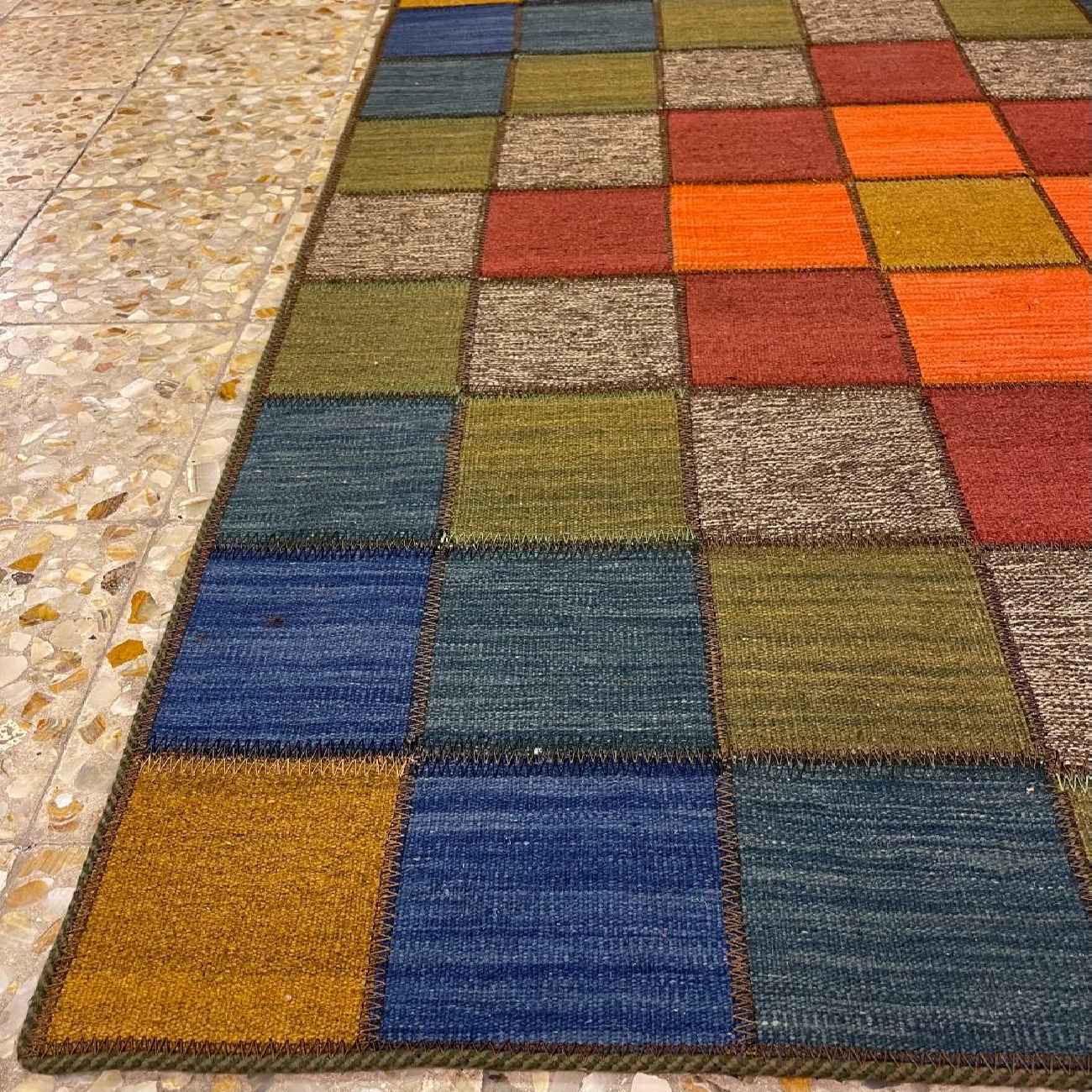 Persian Wool Kilim Rug Genuine Handwoven Checkered Red