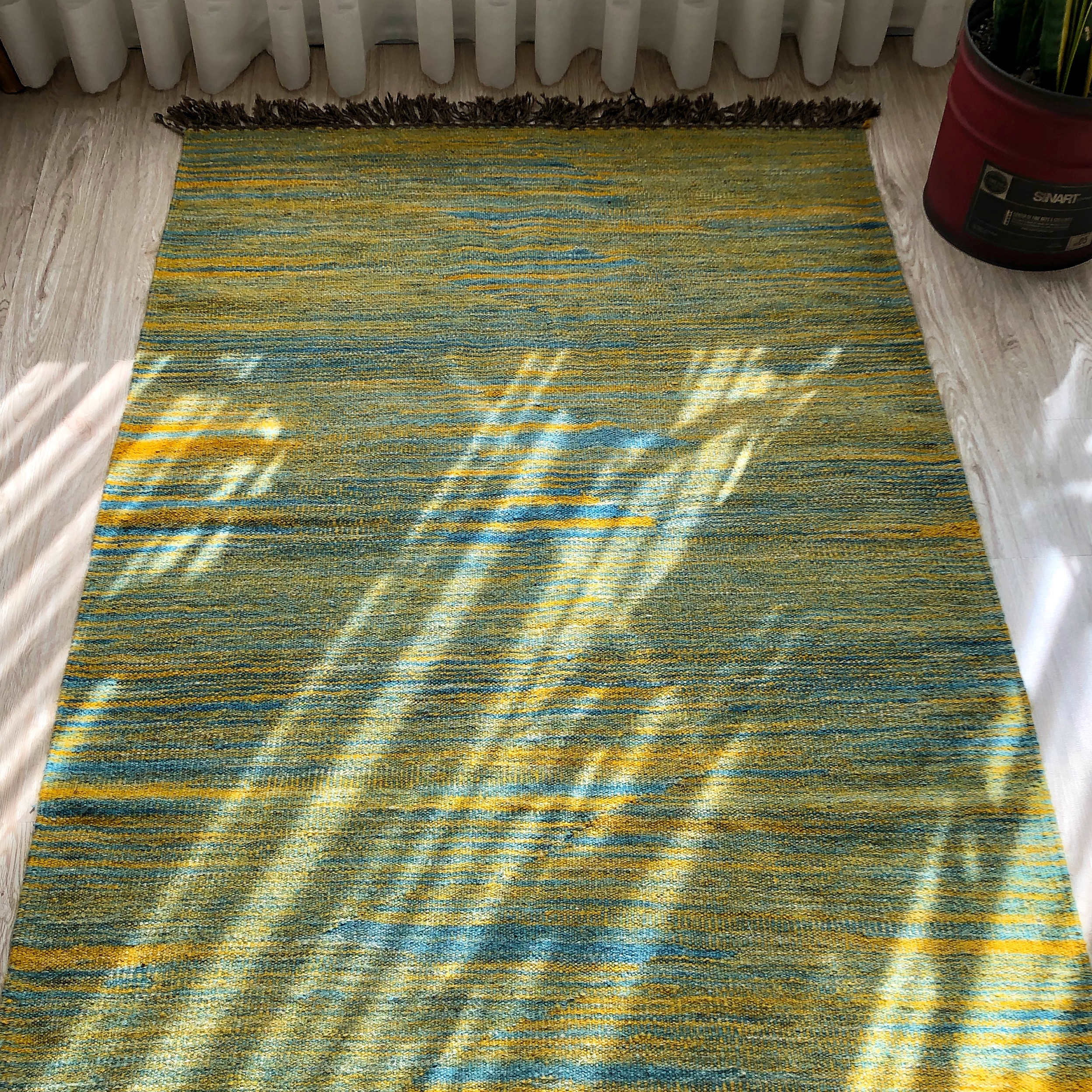 Persian Wool Kilim Rug Handwoven in Khorasan Striped Jade Green