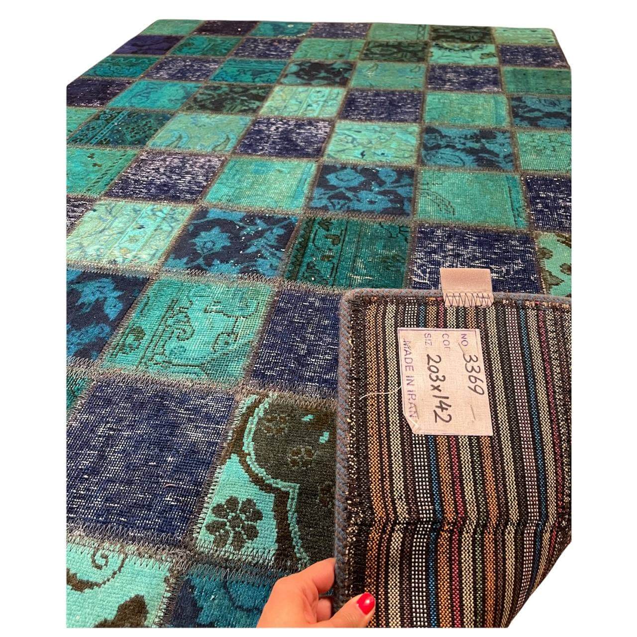 Persian Hand-Knotted Patchwork Carpet Checkered Blue