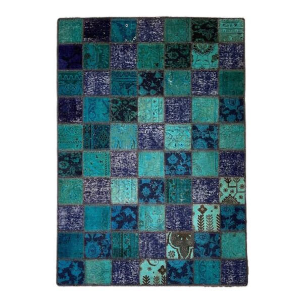 Persian Hand-Knotted Patchwork Carpet Checkered Blue