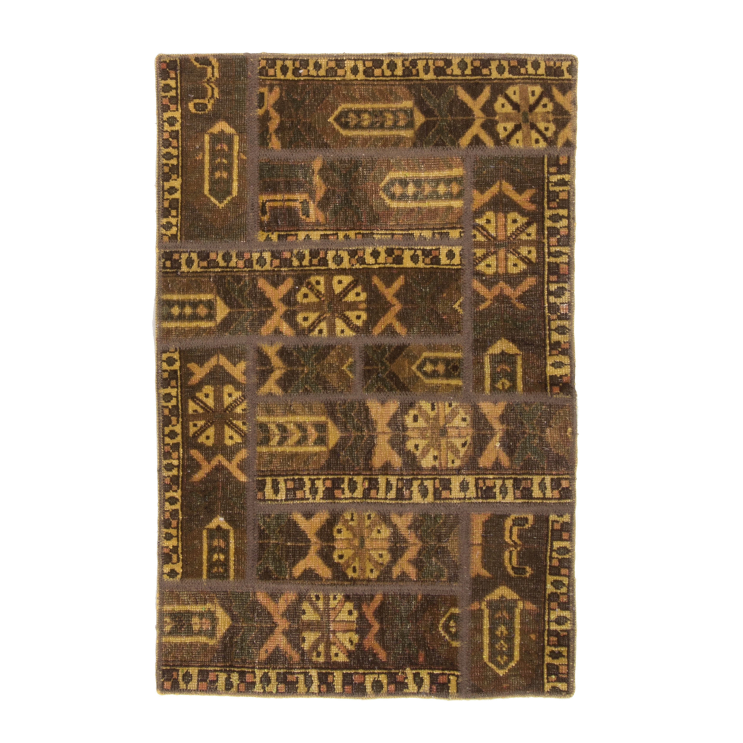 Vintage Persian Hand-Knotted Patchwork Carpet Geometric Brown